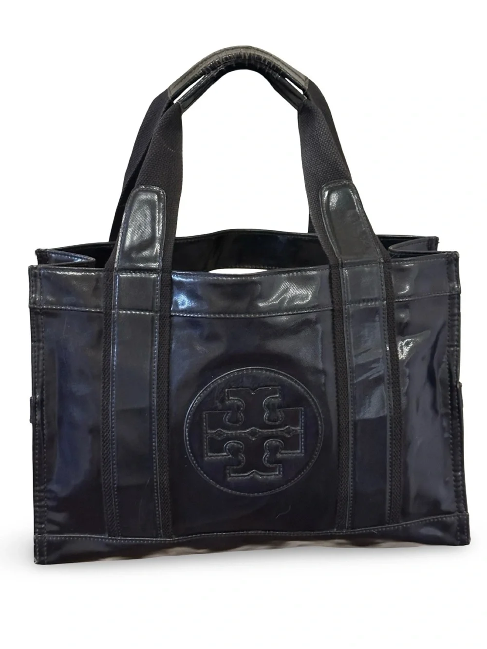 Tory Burch Black Patent Canvas Messenger Tote